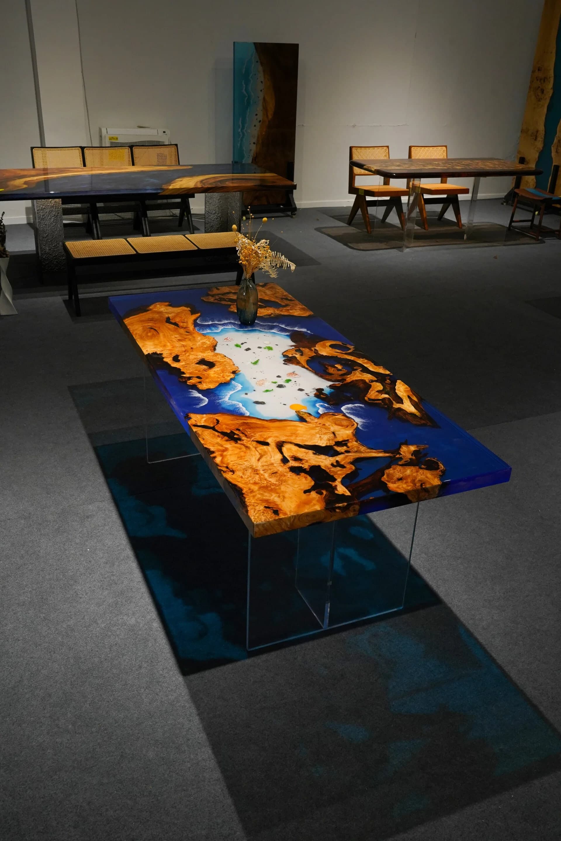 Blue Lagoon dining table in fir burl and blue epoxy resin, 180 by 80 centimetres