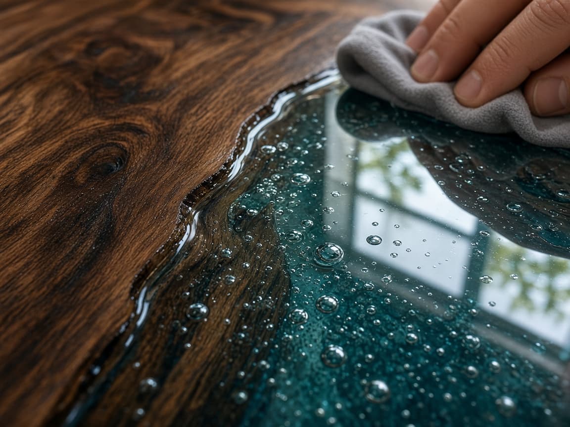 Resin being polished on a timber table top