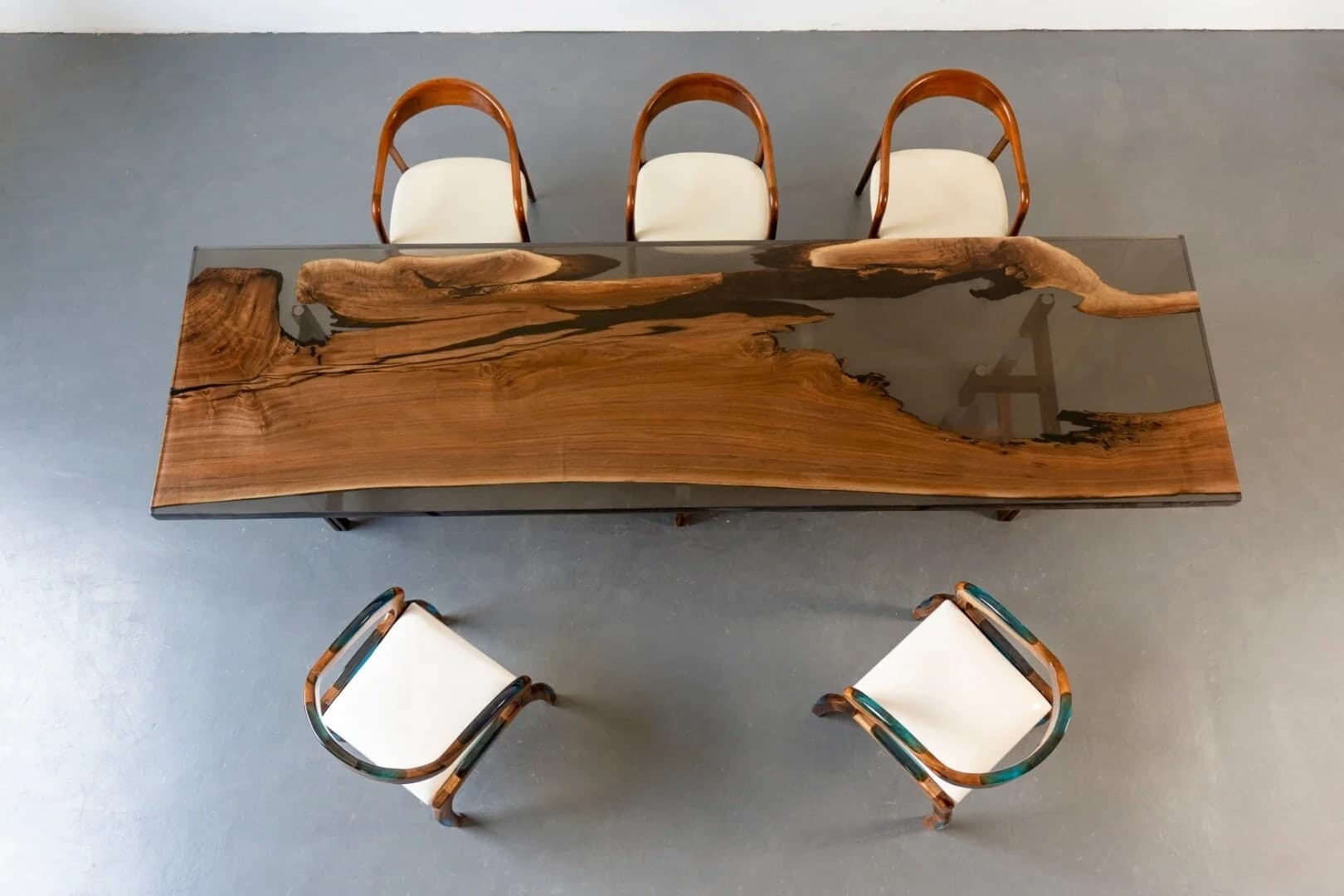 Finished timber and resin tables in the studio
