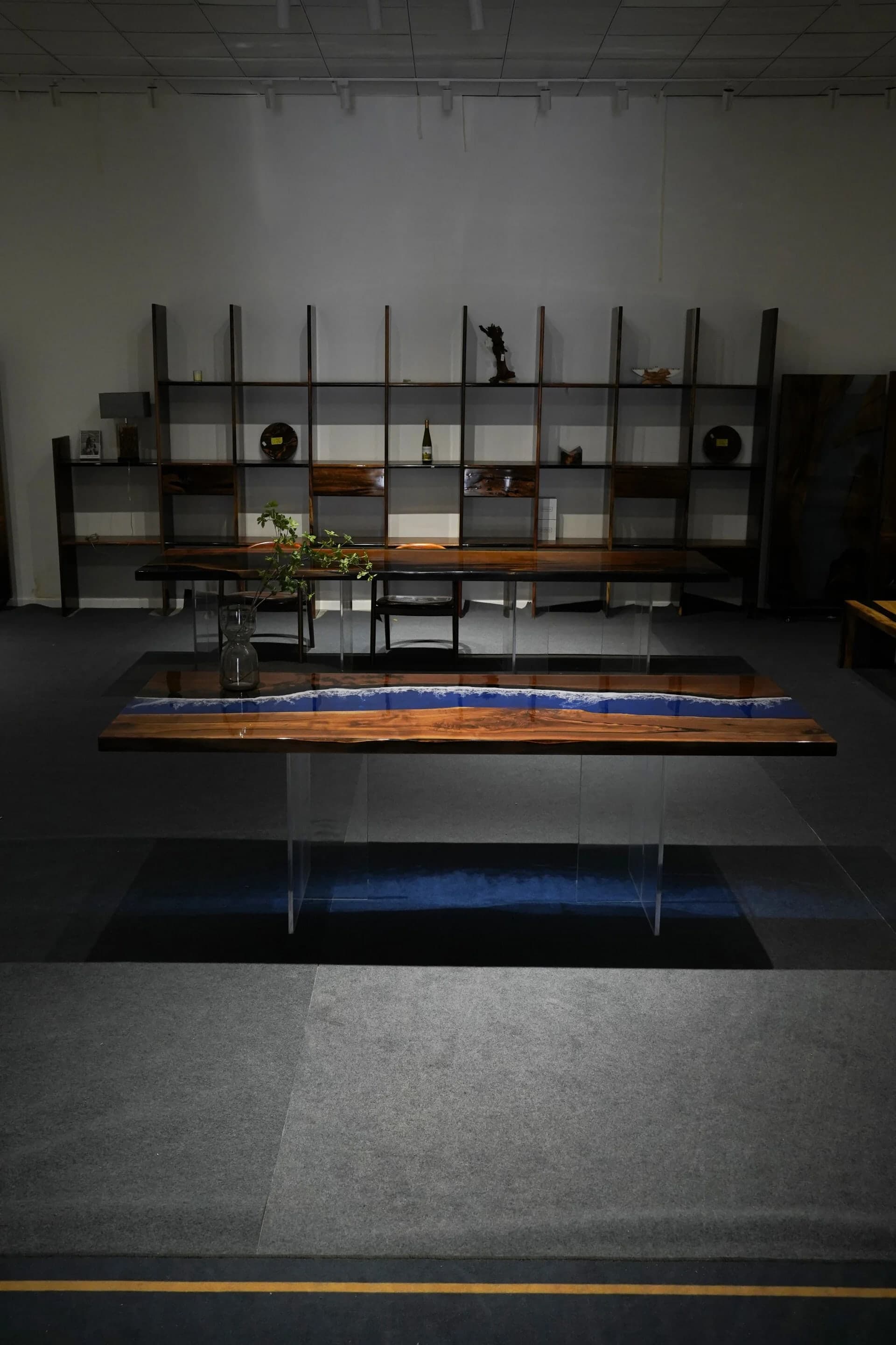 Surf and Timber dining table in North American walnut with a blue resin wave, 240 by 90 centimetres